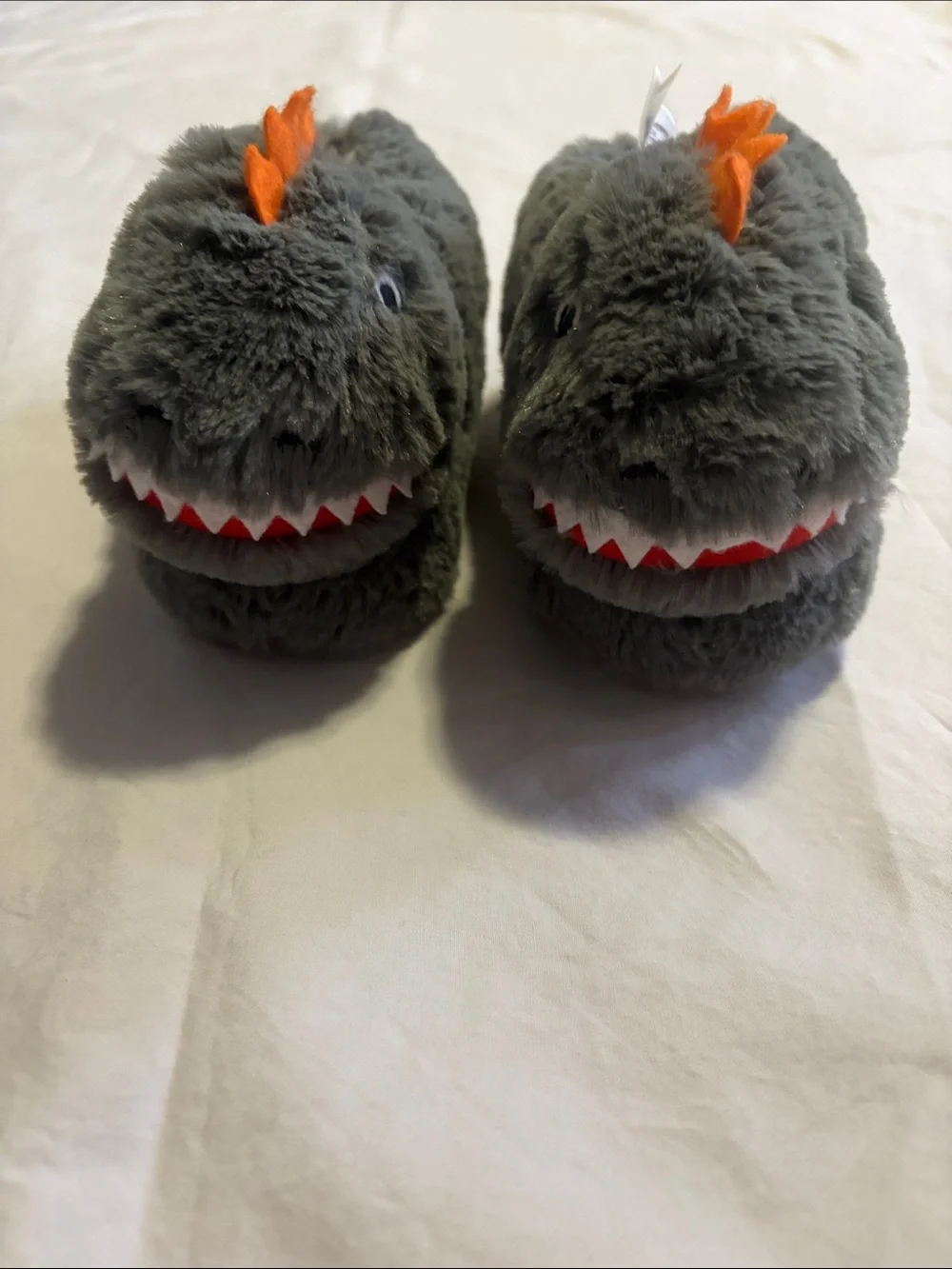 Pottery Barn Kids Plush Shark Slippers in Gray and Orange